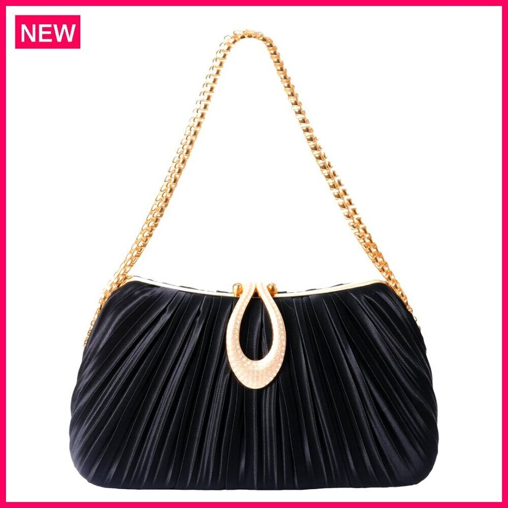 Convertible Evening Clutch with Detachable Chain Strap, Pleated Silky Fabric